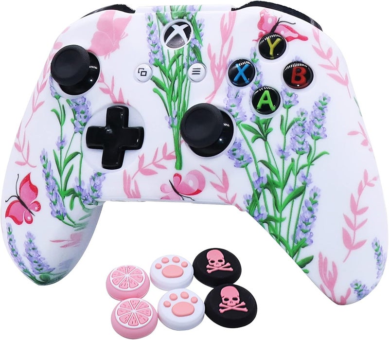 RALAN Pink Controller Skins for Xbox One, Silicone Controller Cover Skin Protector Compatible for Xbox Ones Controller (Pink Pro Thumb Grip x 2,Cat + Skull Cap &Cover Grip x 2) Blue Butterfly Pink - Image 1